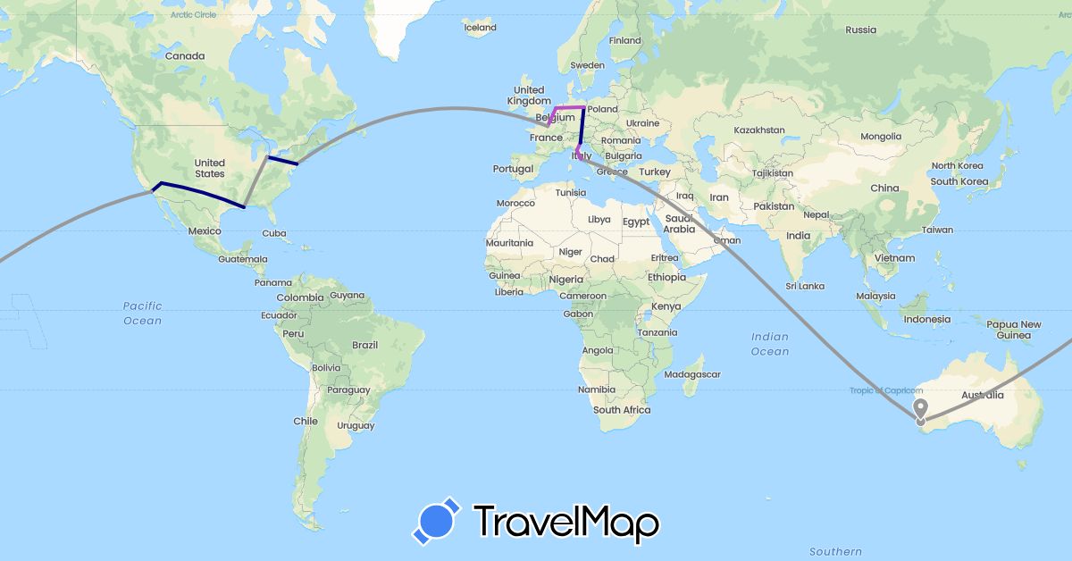 TravelMap itinerary: driving, plane, train in Australia, Germany, France, Italy, Netherlands, United States (Europe, North America, Oceania)